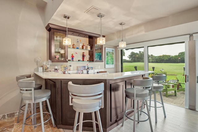 bar featuring pendant lighting and light hardwood / wood-style floors