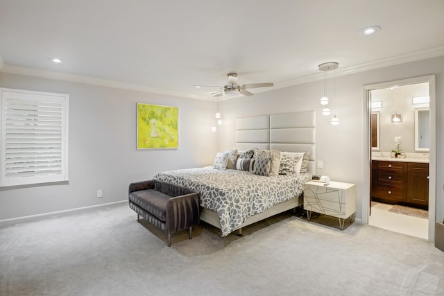 bedroom with connected bathroom, ceiling fan, crown molding, and light colored carpet