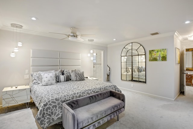 bedroom with carpet flooring, ceiling fan, and ornamental molding