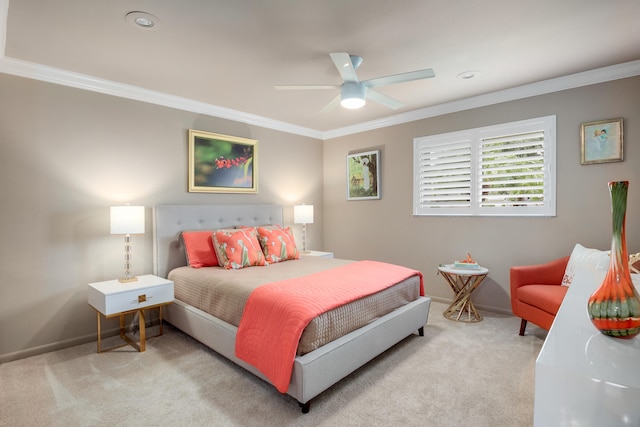 bedroom with ceiling fan, crown molding, and light carpet