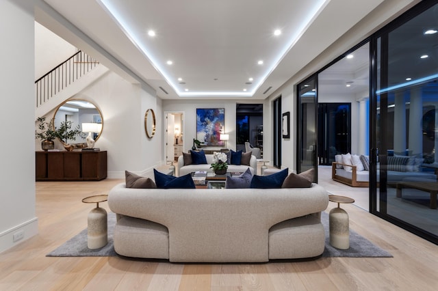 living room featuring light hardwood / wood-style flooring and a raised ceiling