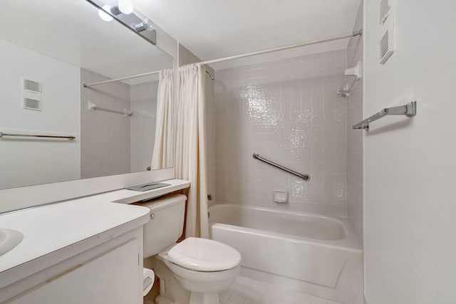 full bathroom featuring shower / bathtub combination with curtain, tile patterned flooring, vanity, and toilet