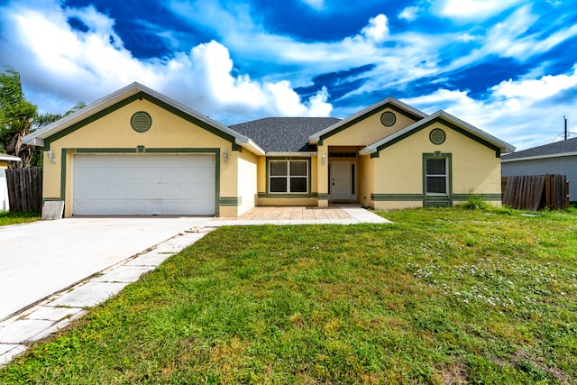 ranch-style home with a front yard and a garage