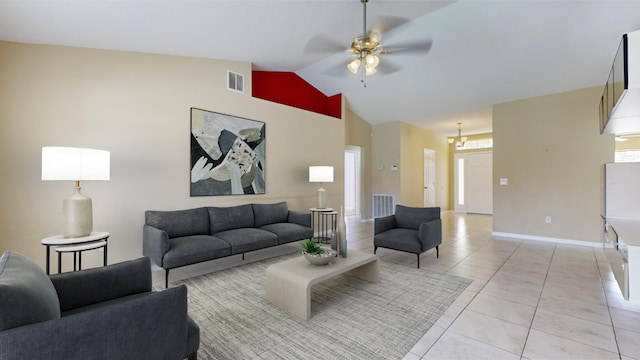 living room featuring light tile patterned floors, ceiling fan with notable chandelier, and high vaulted ceiling