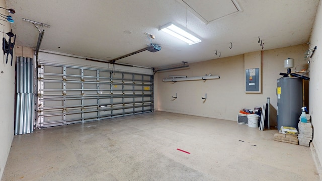 garage featuring a garage door opener, electric water heater, and electric panel