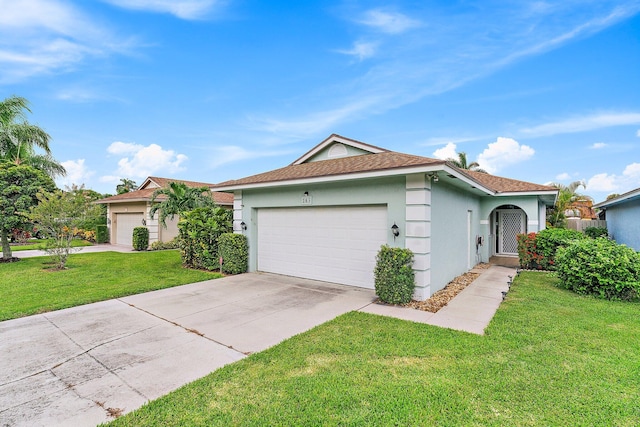 view of front of property with a front yard and a garage