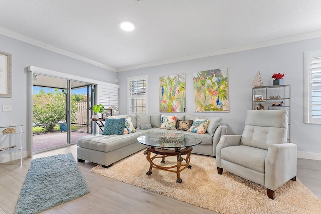 living room featuring hardwood / wood-style flooring, crown molding, and a wealth of natural light