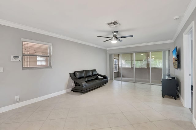 living area featuring ceiling fan, light tile patterned flooring, and crown molding