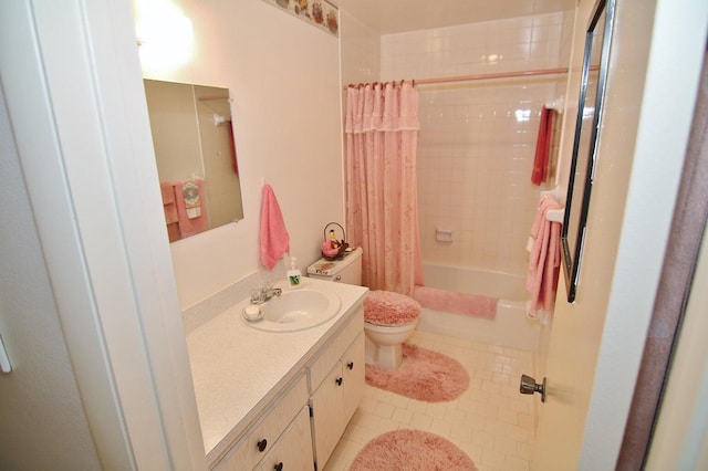 full bathroom with vanity, tile patterned flooring, toilet, and shower / tub combo with curtain