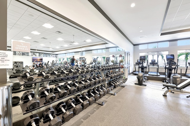 exercise room featuring a drop ceiling and a raised ceiling