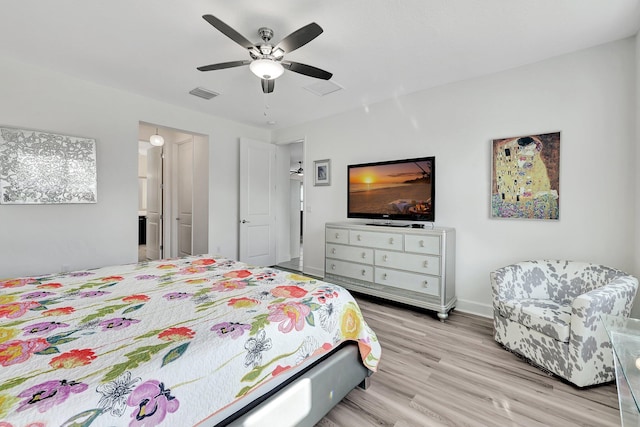 bedroom featuring light hardwood / wood-style flooring and ceiling fan