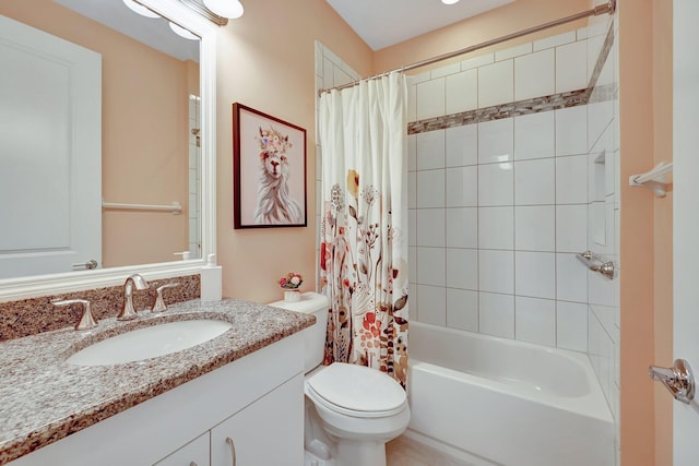 full bathroom featuring vanity, toilet, and shower / bathtub combination with curtain