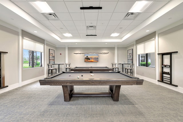 playroom featuring a paneled ceiling, carpet floors, and billiards