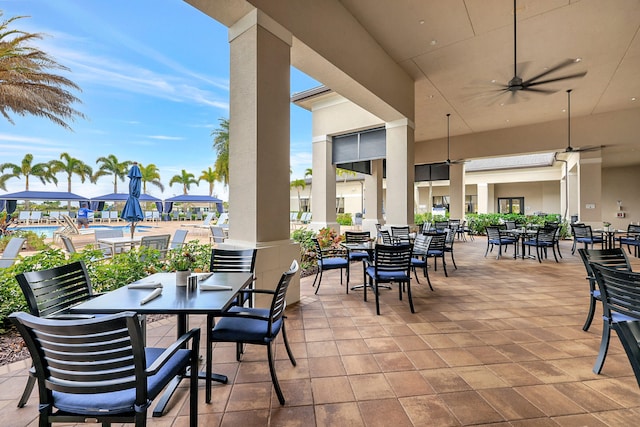 view of patio featuring ceiling fan and a community pool