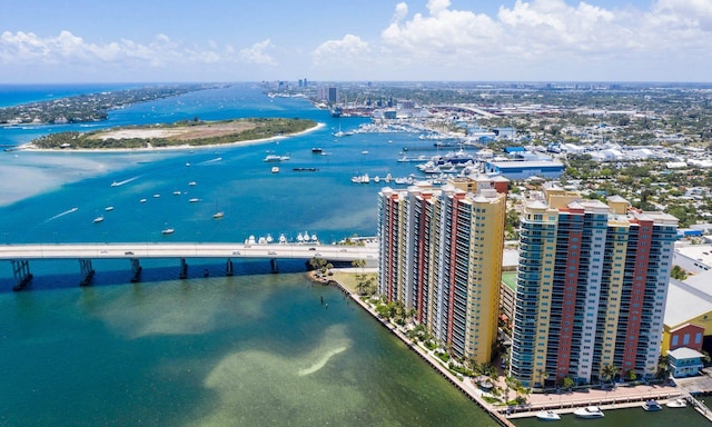 bird's eye view featuring a water view and a view of city