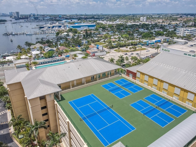 bird's eye view with a water view