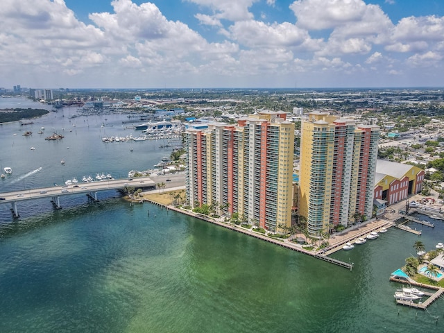 aerial view with a water view and a view of city