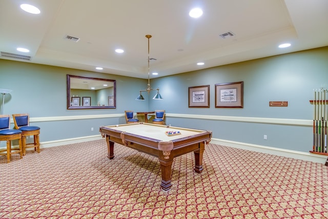 playroom featuring carpet, a tray ceiling, and pool table