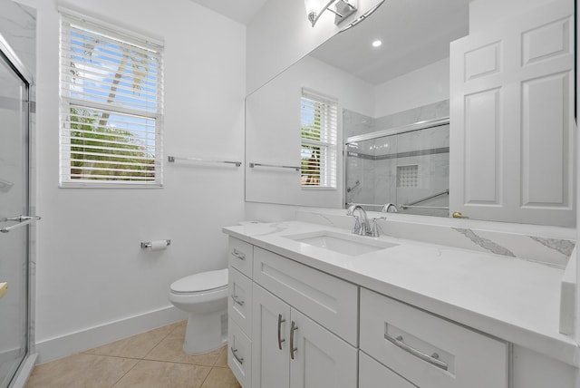 bathroom with vanity, toilet, tile patterned floors, and an enclosed shower