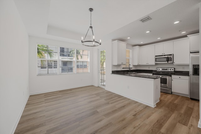 kitchen featuring light wood-type flooring, white cabinetry, kitchen peninsula, hanging light fixtures, and stainless steel appliances