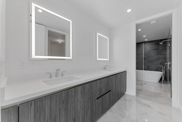 485 E Royal Palm Rd Unit 204, Boca Raton, FL 33432 - bathroom with marble tiled flooring, double vanity, recessed lighting, and a soaking tub