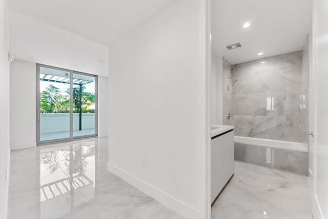 485 E Royal Palm Rd Unit 204, Boca Raton, FL 33432 - bathroom featuring marble tiled flooring, shower / bathtub combination, recessed lighting, baseboards, and vanity