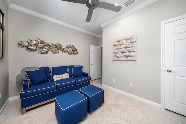 living room with ceiling fan and crown molding