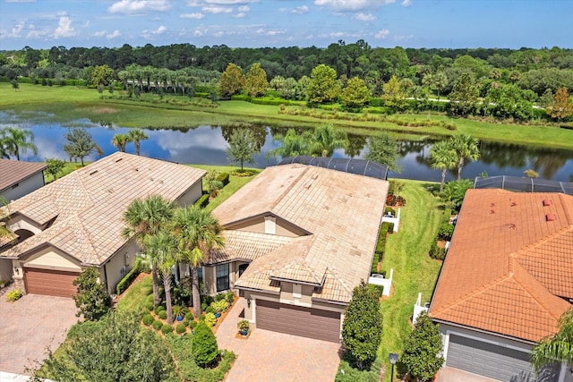 bird's eye view with a water view