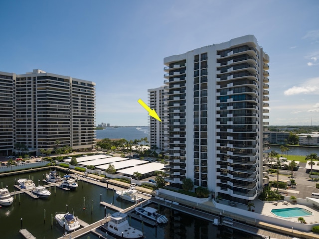 view of building exterior featuring a water view