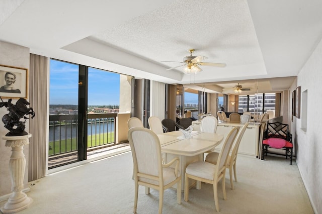 carpeted dining area with a water view, a healthy amount of sunlight, a raised ceiling, and a textured ceiling