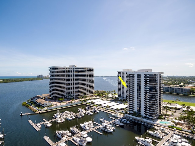 drone / aerial view with a water view