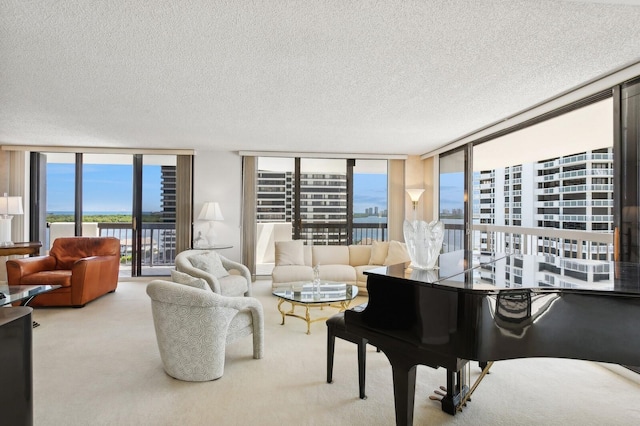 living room featuring a wall of windows, a textured ceiling, and carpet