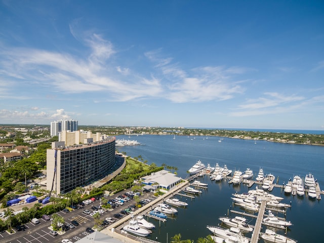 birds eye view of property featuring a water view