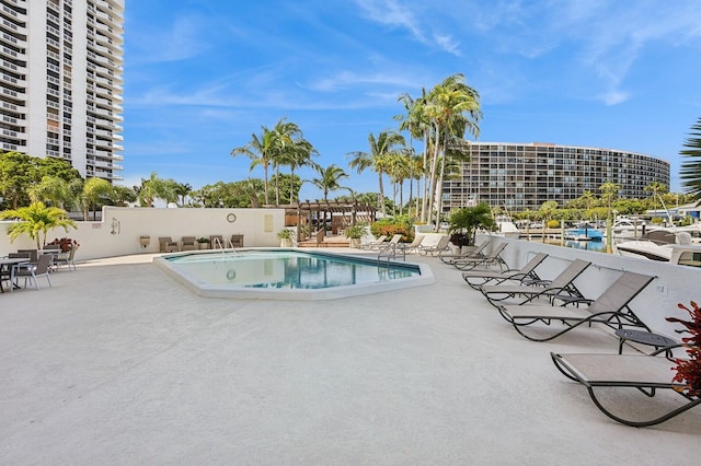 view of swimming pool featuring a patio area