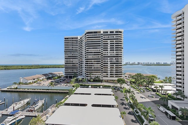 view of building exterior with a water view