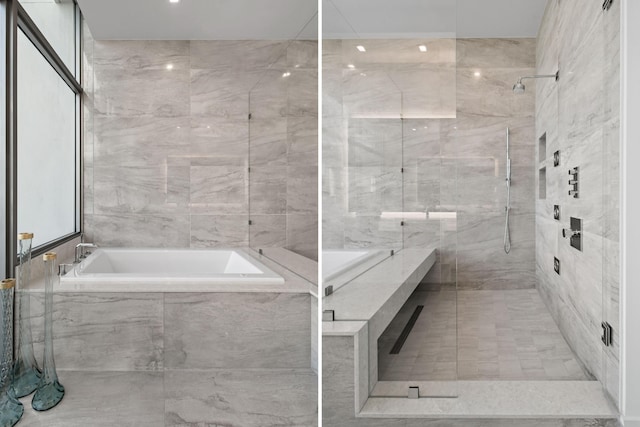 full bath featuring a garden tub and tiled shower