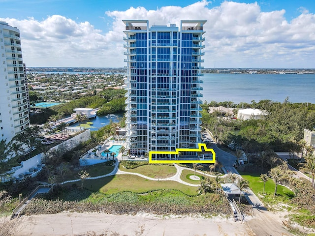 drone / aerial view with a water view