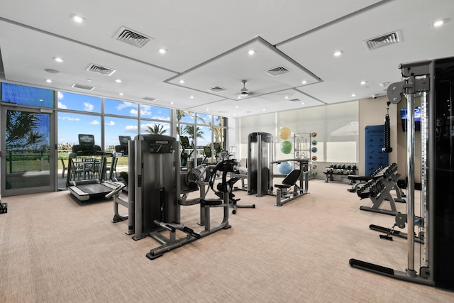 workout area with a ceiling fan, visible vents, and carpet floors