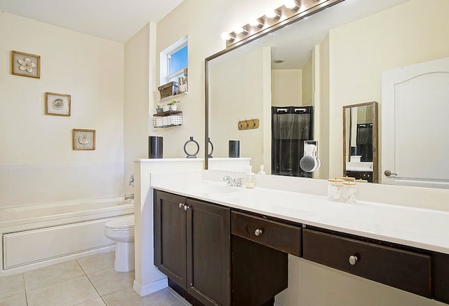 full bathroom featuring vanity, plus walk in shower, toilet, and tile patterned floors