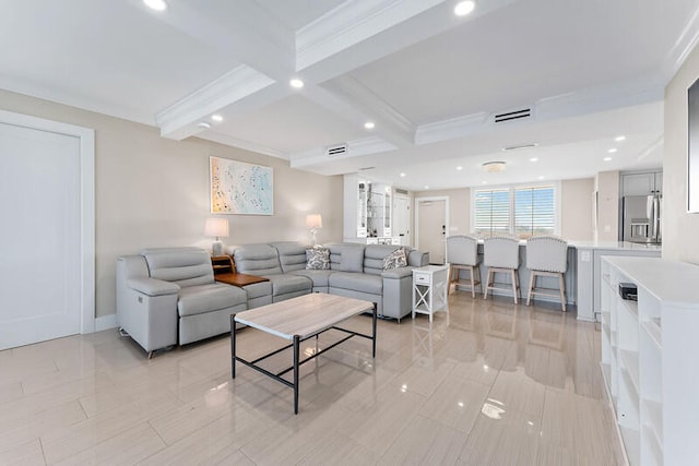 tiled living room featuring beamed ceiling and crown molding