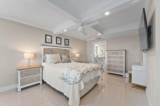 bedroom with ceiling fan, beam ceiling, crown molding, and connected bathroom