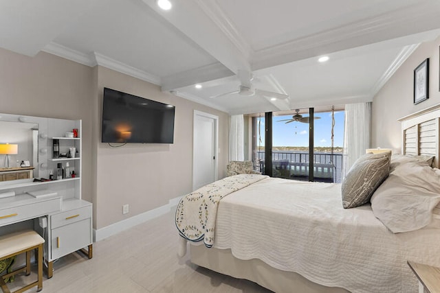 bedroom with access to exterior, crown molding, ceiling fan, and beamed ceiling