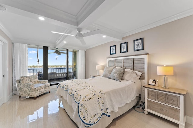 bedroom with access to outside, ceiling fan, a water view, and ornamental molding