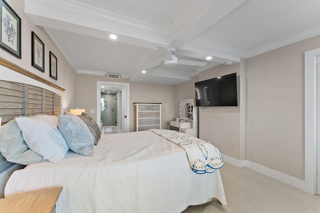 bedroom featuring ceiling fan, beamed ceiling, and ornamental molding