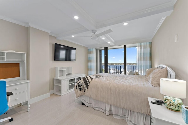 bedroom featuring ceiling fan, access to exterior, ornamental molding, beam ceiling, and a wall of windows