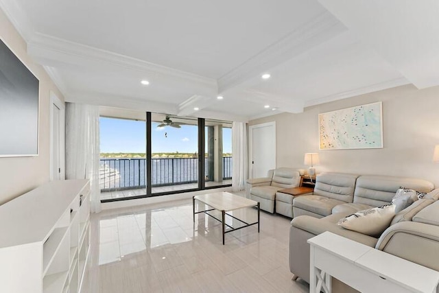 living room featuring crown molding, beamed ceiling, a water view, and ceiling fan