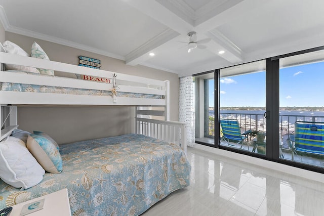 bedroom with access to exterior, expansive windows, crown molding, and ceiling fan