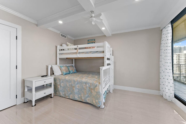 bedroom featuring ceiling fan, beam ceiling, and ornamental molding