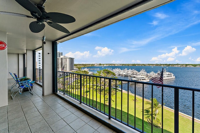 balcony featuring ceiling fan and a water view