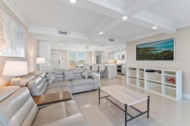 living room with beam ceiling, light tile patterned flooring, and crown molding